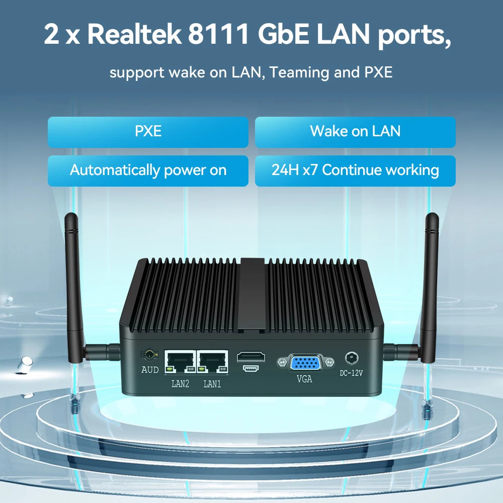 Fanless Mini PC Intel Celeron J4125 2x Gigabit LAN 2x RS232 HDMI VGA Mini PCIE WiFi/4G 4x USB Support Windows Linux