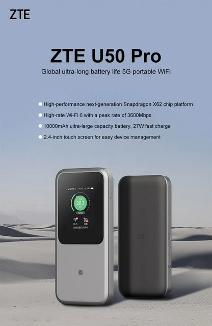 Unlocked ZTE 5G Portable WiFi U50 Pro 10000mah 27W Fast Charge WiFi 6 3600Mbps Mobile Hotspot 5G Router Sim Card Slot MU5120